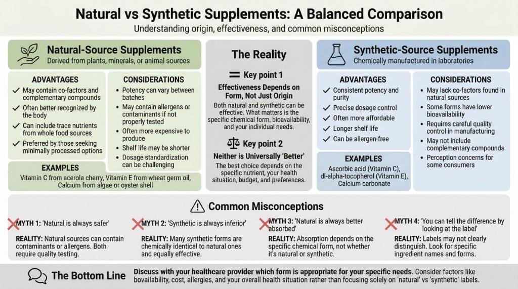 Infographic: Natural vs Synthetic Supplements — a balanced comparison of advantages, considerations, common misconceptions, and key points on effectiveness