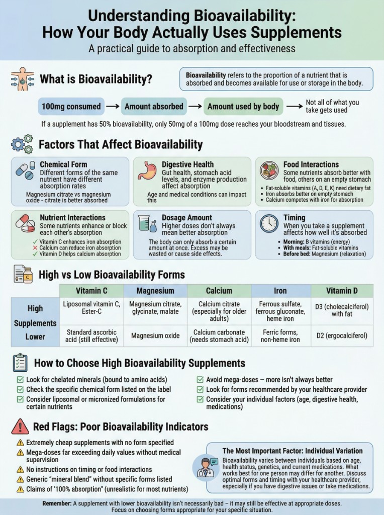 Infographic: Understanding Bioavailability — how the body absorbs supplements, factors affecting absorption, high vs low bioavailability forms, and red flags to watch for on labels